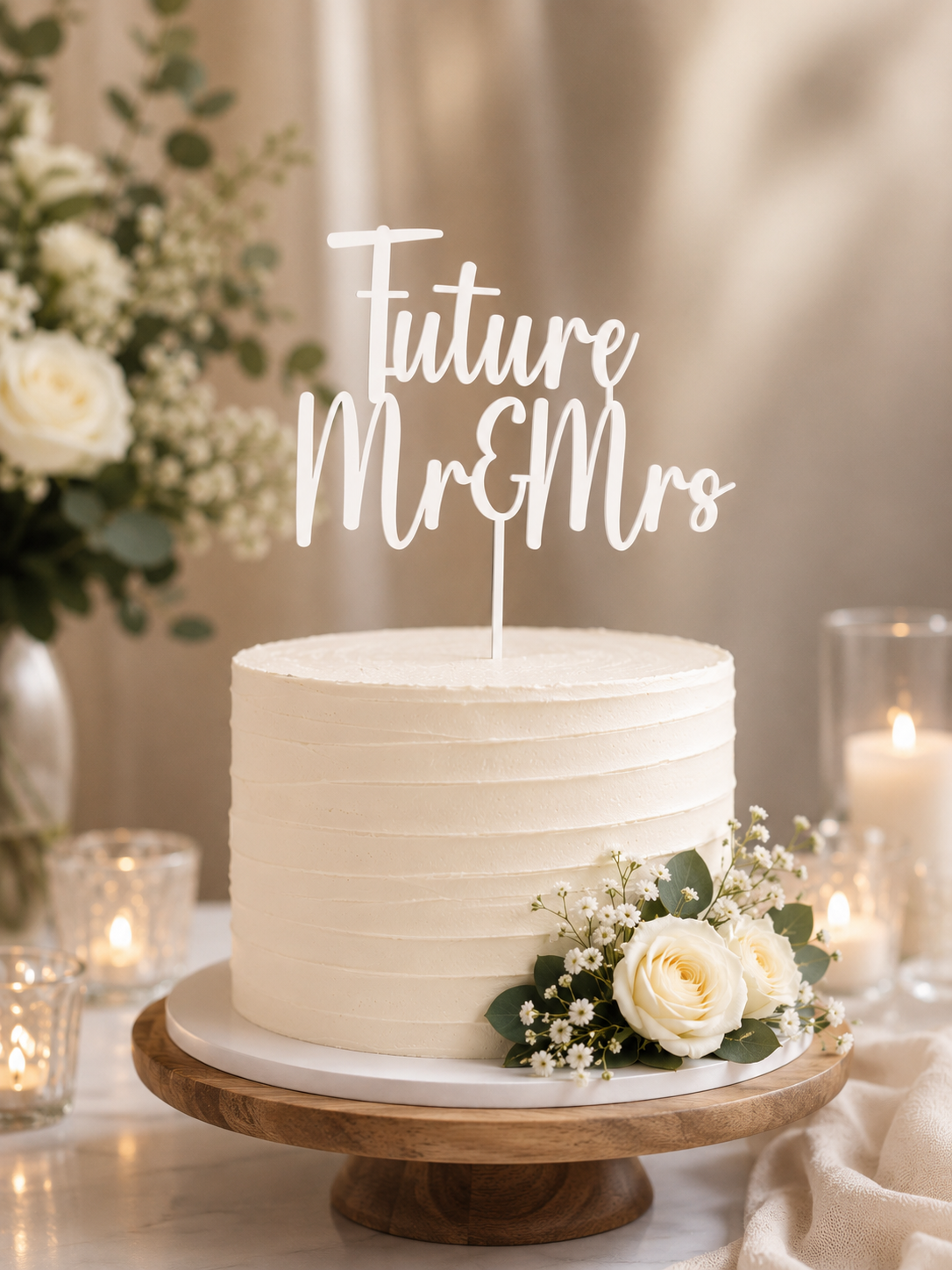 White cake with 'Future Mr&Mrs' topper on a wooden stand with flowers and candles in the background.