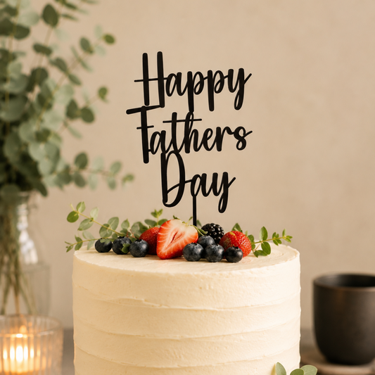 White cake with berries and 'Happy Father's Day' topper on a wooden stand.