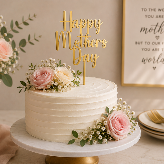 White cake with pink flowers and 'Happy Mother's Day' topper on a table with flowers and candles.