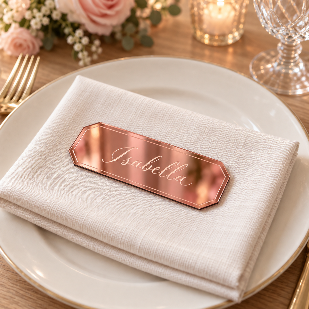 Isabella personalised mirror rose gold acrylic place name with clipped corners and engraved border
