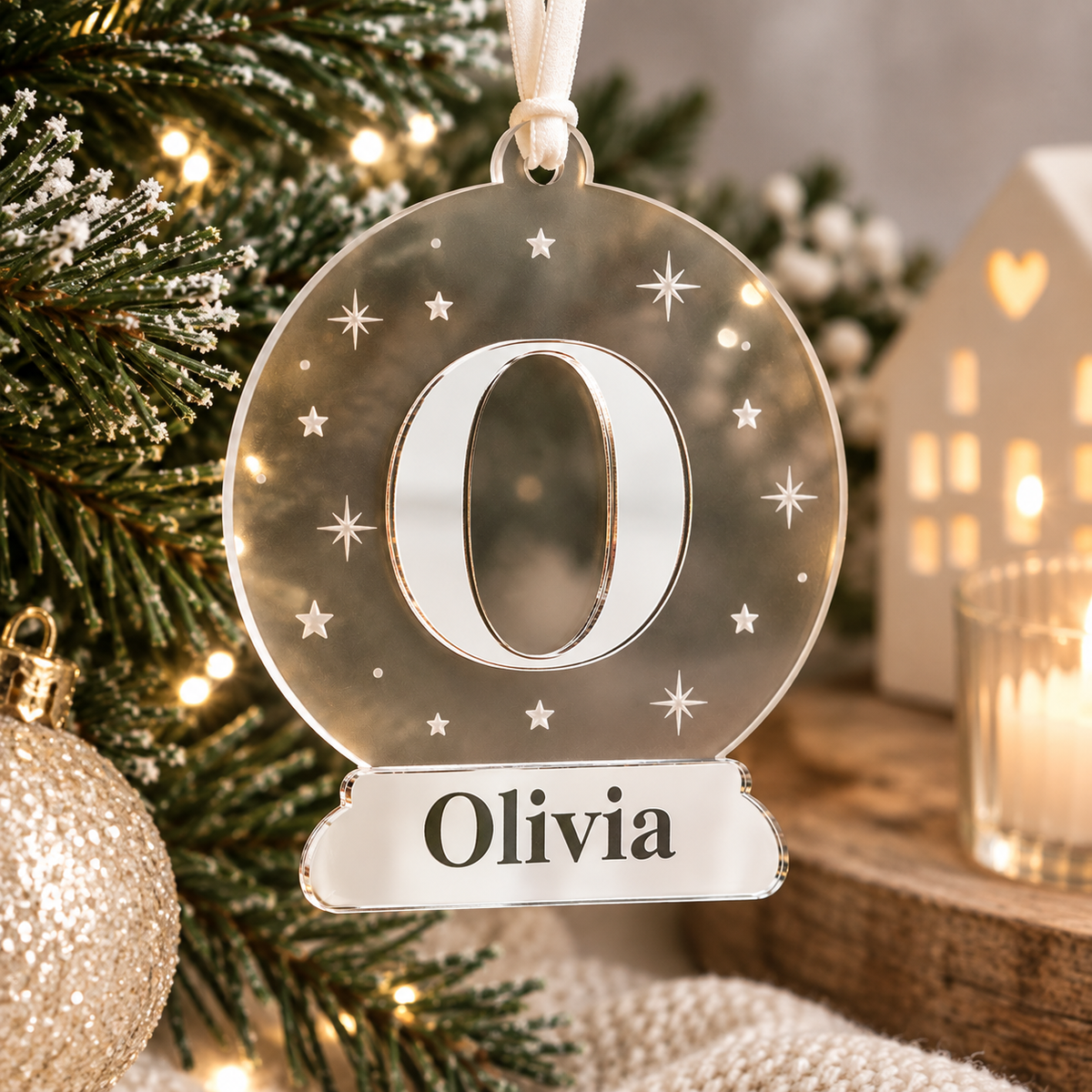 Personalised frosted and mirror silver acrylic Christmas bauble with O initial and Olivia name