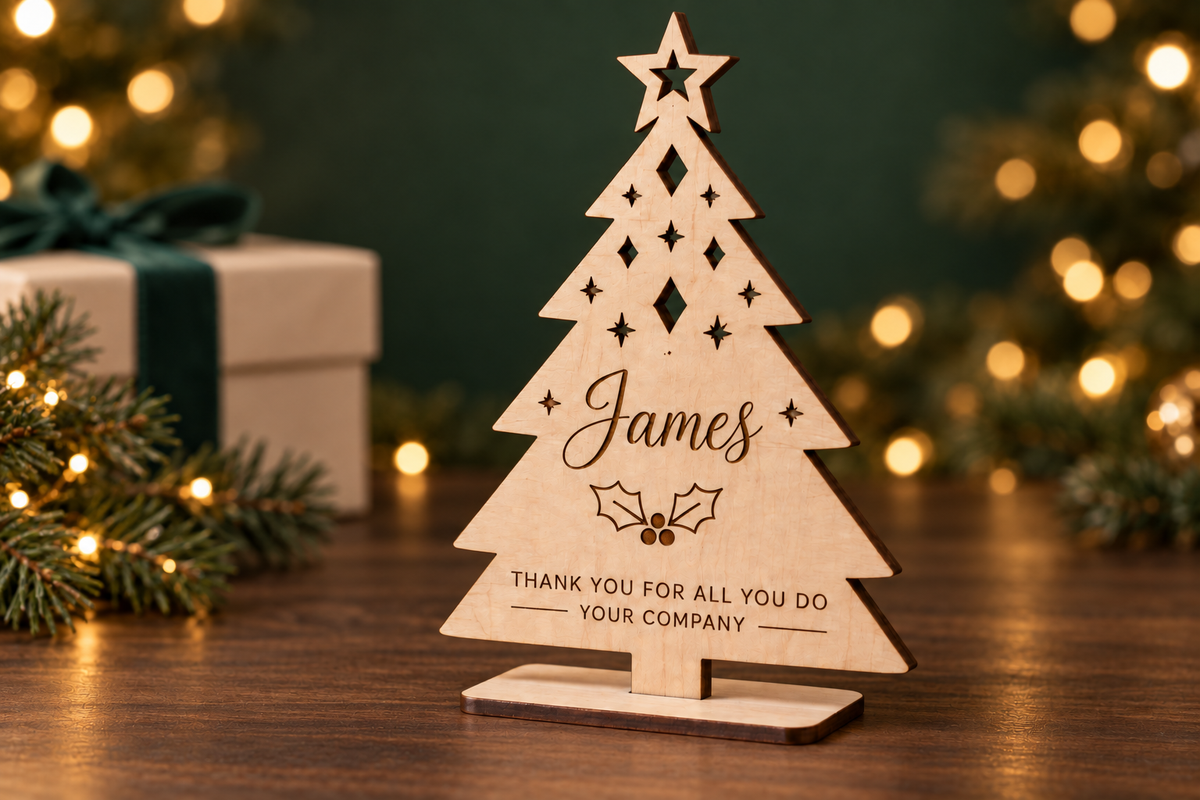 Personalised wooden staff Christmas gift with James engraved above holly and company name