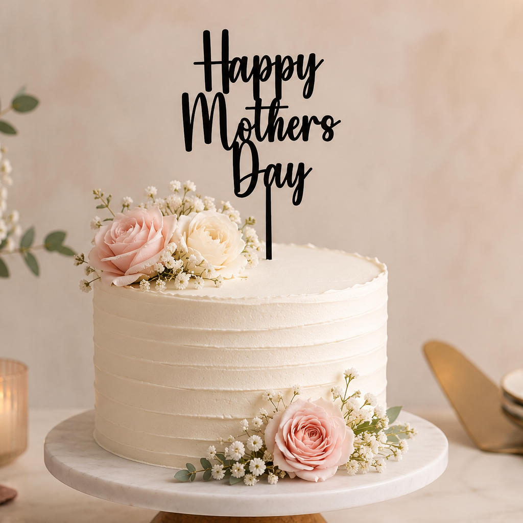 White cake with 'Happy Mother's Day' topper, flowers, and a candle on a table.