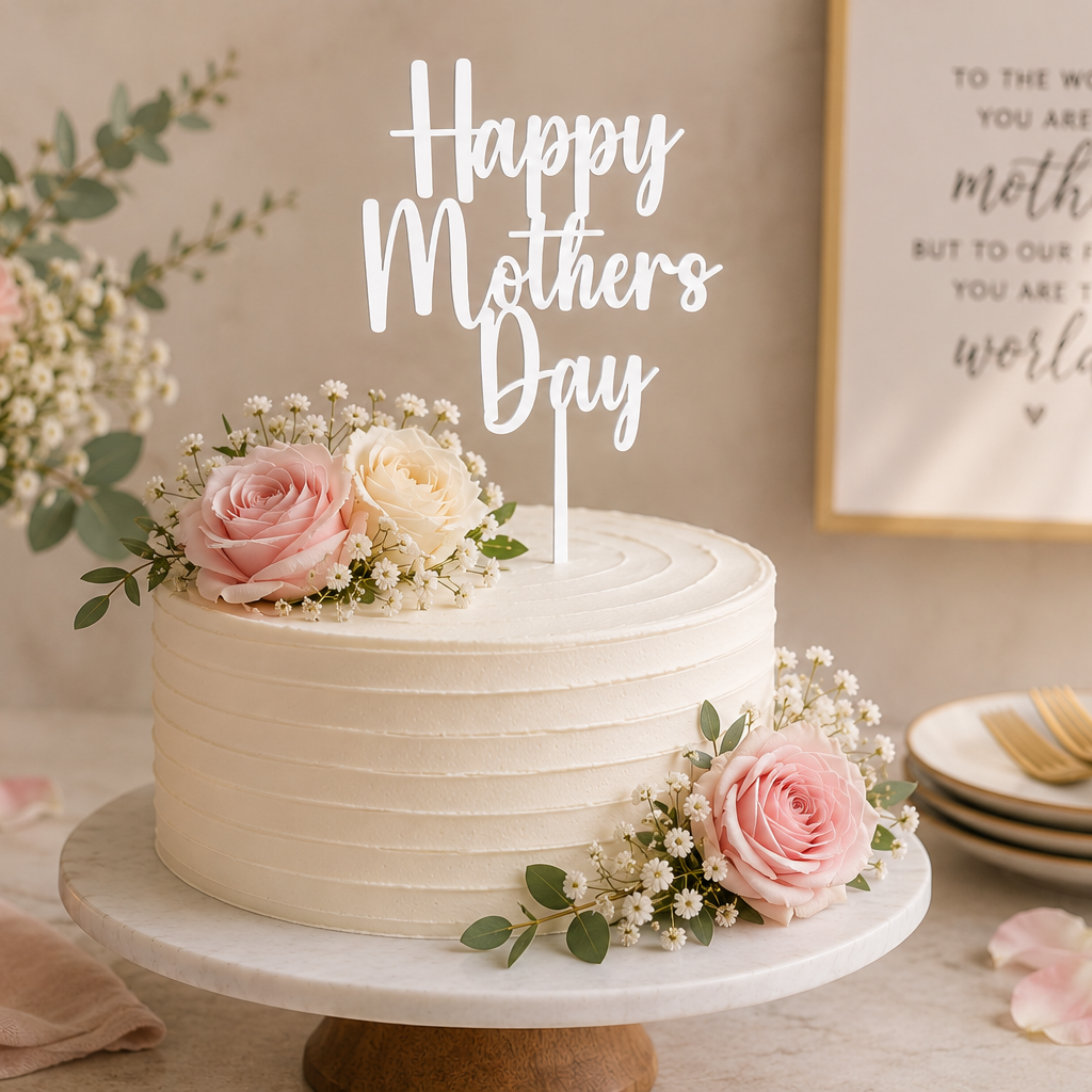 White cake with 'Happy Mother's Day' topper, surrounded by pink roses and a candle, on a neutral background.
