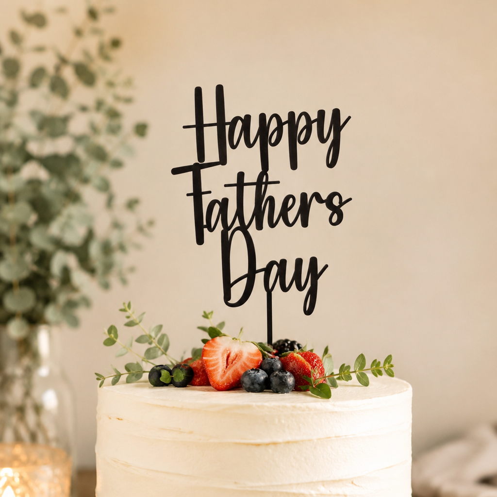 White cake with 'Happy Fathers Day' topper and berries on a wooden stand.