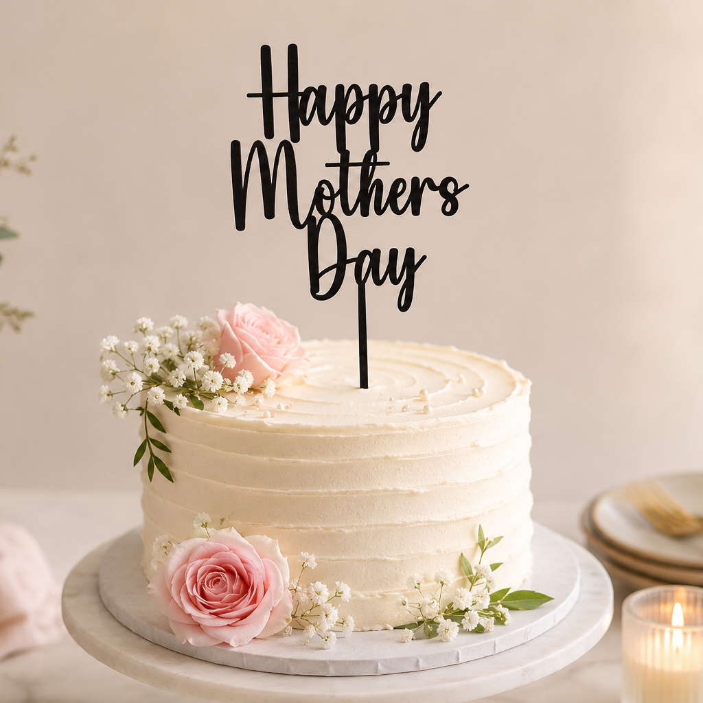White cake with pink flowers and 'Happy Mothers Day' topper on a table with flowers and candles.