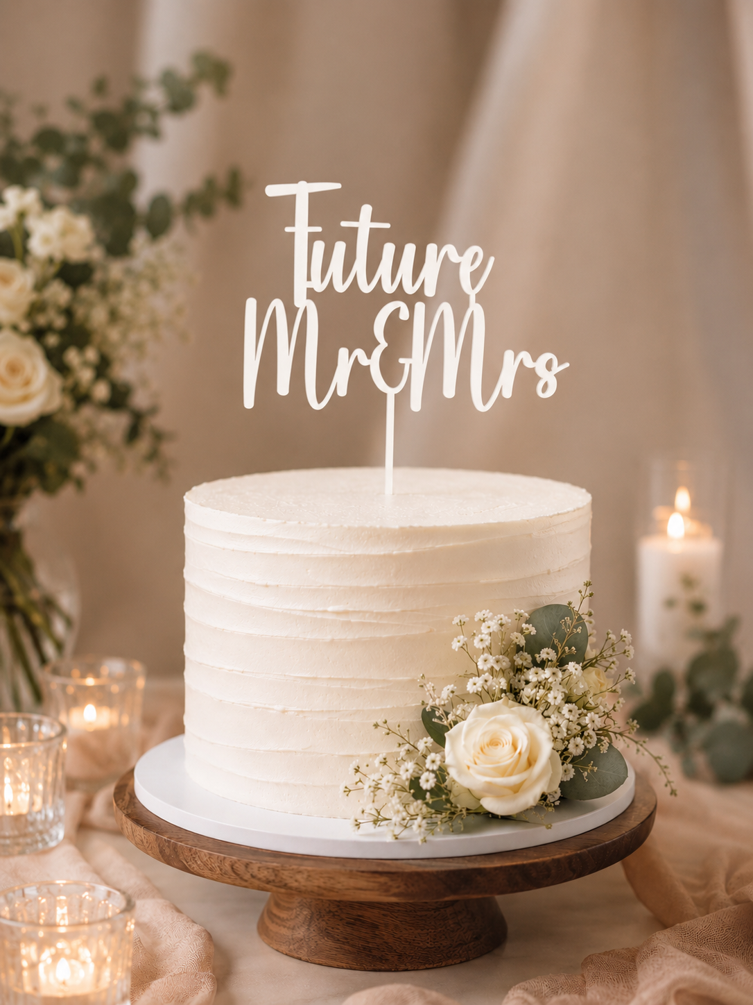 White wedding cake with 'Future Mr & Mrs' topper, surrounded by flowers and candles.