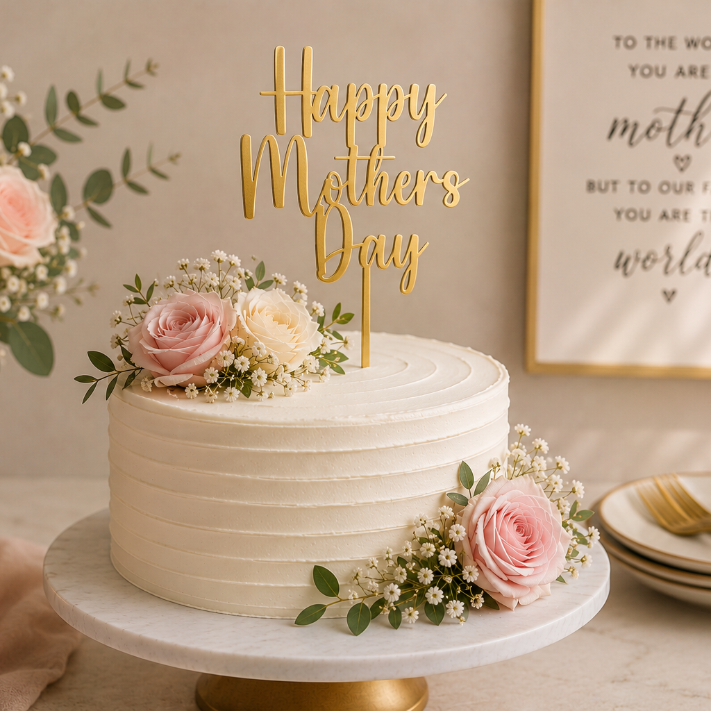 White cake with pink flowers and 'Happy Mother's Day' topper on a table with flowers and candles.