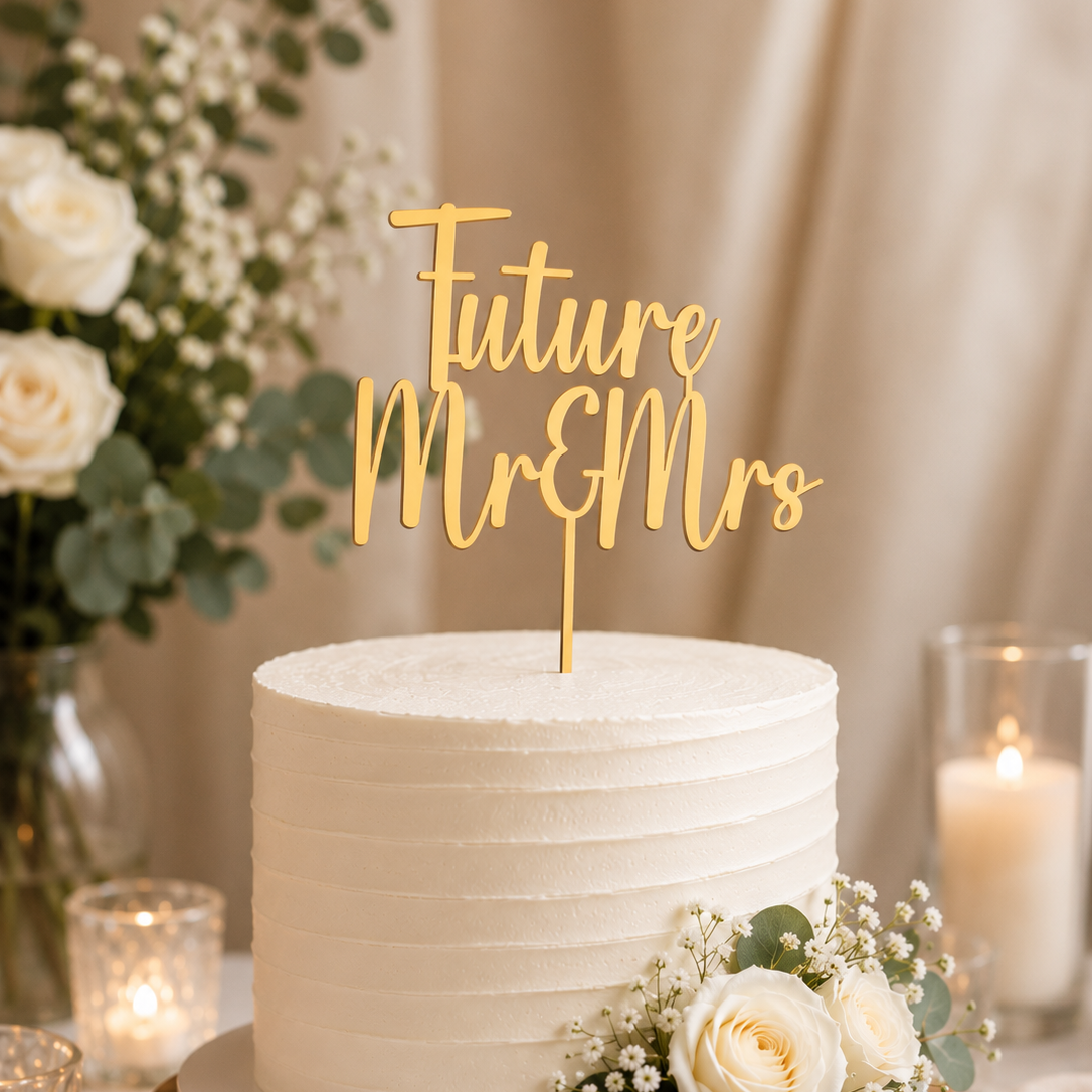 White cake with 'Future Mr & Mrs' topper, surrounded by flowers and candles on a wooden stand.