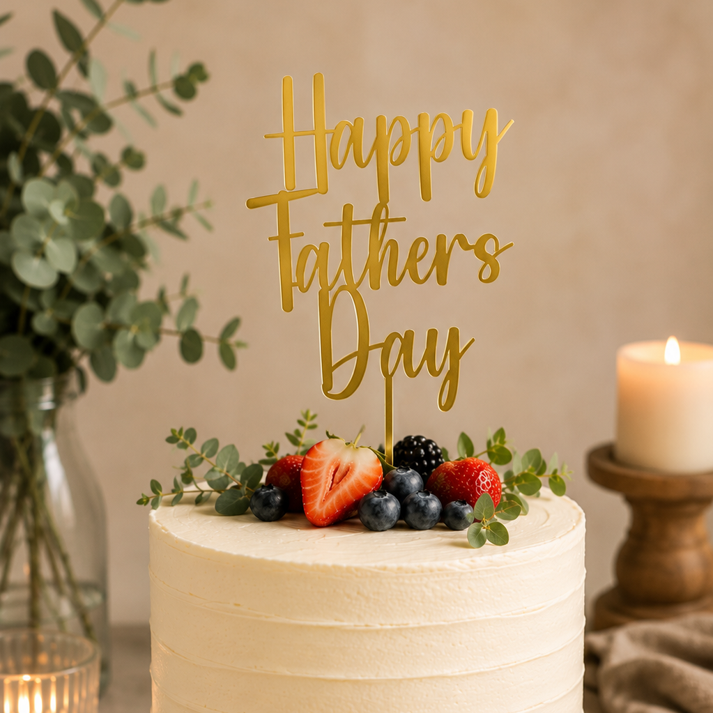 White cake with berries and 'Happy Father's Day' topper on a wooden stand with candles and greenery in the background.