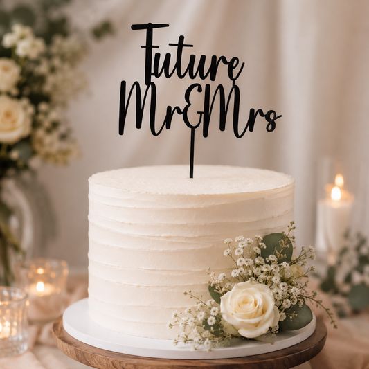 White wedding cake with 'Future Mr & Mrs' topper and floral decorations on a wooden stand.