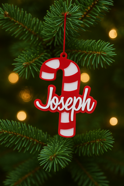 Red and white Joseph candy cane ornament hanging on a Christmas tree