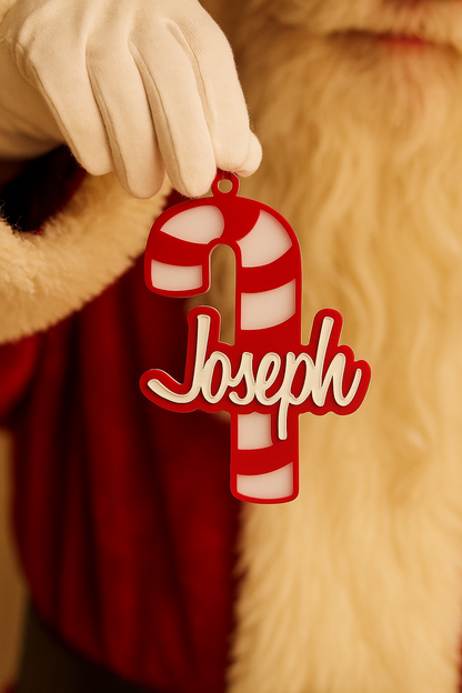 Santa holding a red and white Joseph candy cane ornament