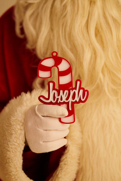 Personalised Joseph candy cane ornament with silver name lettering