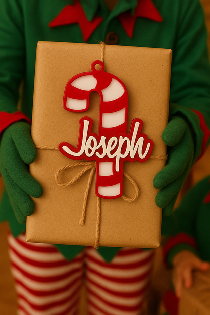 Joseph candy cane ornament displayed on a wrapped Christmas gift