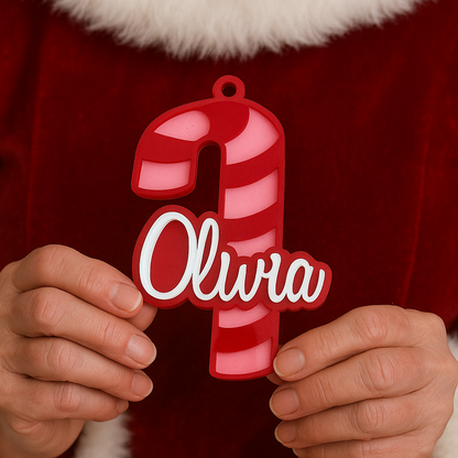 Pink and red personalised Olivia candy cane Christmas ornament