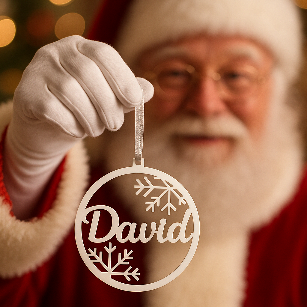Personalised David snowflake acrylic Christmas bauble held by Santa