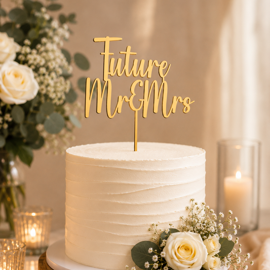 White cake with 'Future Mr & Mrs' topper on a wooden stand with flowers and candles in the background.