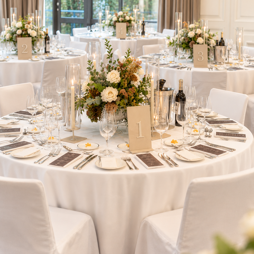 Elegant banquet hall with round tables set for a formal event, featuring floral centerpieces and white tablecloths.