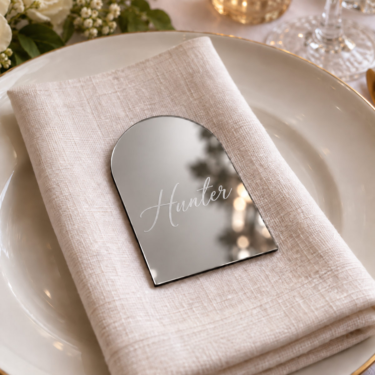 Personalised silver mirror acrylic arch place name engraved Hunter