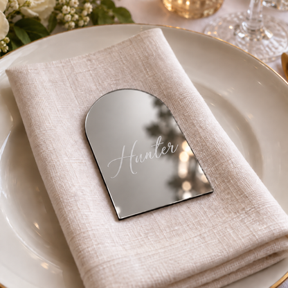 Personalised silver mirror acrylic arch place name engraved Hunter
