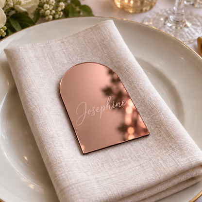 Personalised rose gold mirror acrylic arch place name engraved Josephine