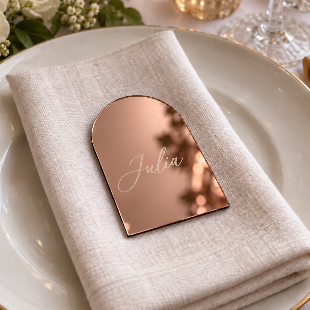 Personalised rose gold mirror acrylic arch place name engraved Julia