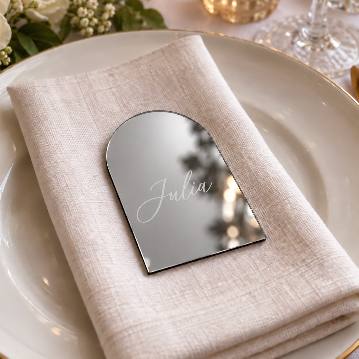 Personalised silver mirror acrylic arch place name engraved Julia