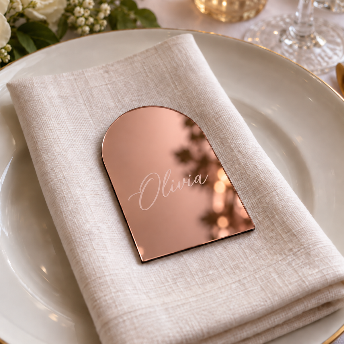 Personalised rose gold mirror acrylic arch place name engraved Olivia