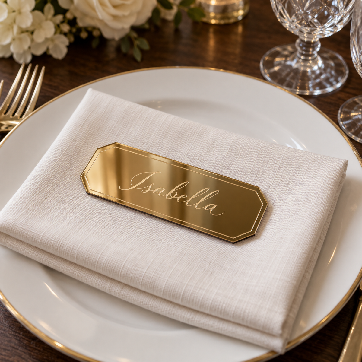 Isabella personalised mirror gold acrylic place name with clipped corners and engraved border