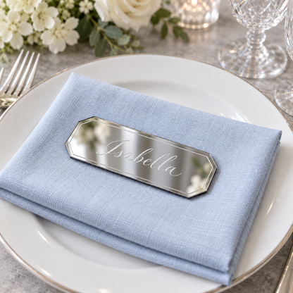 Isabella personalised mirror silver acrylic place name with clipped corners and engraved border