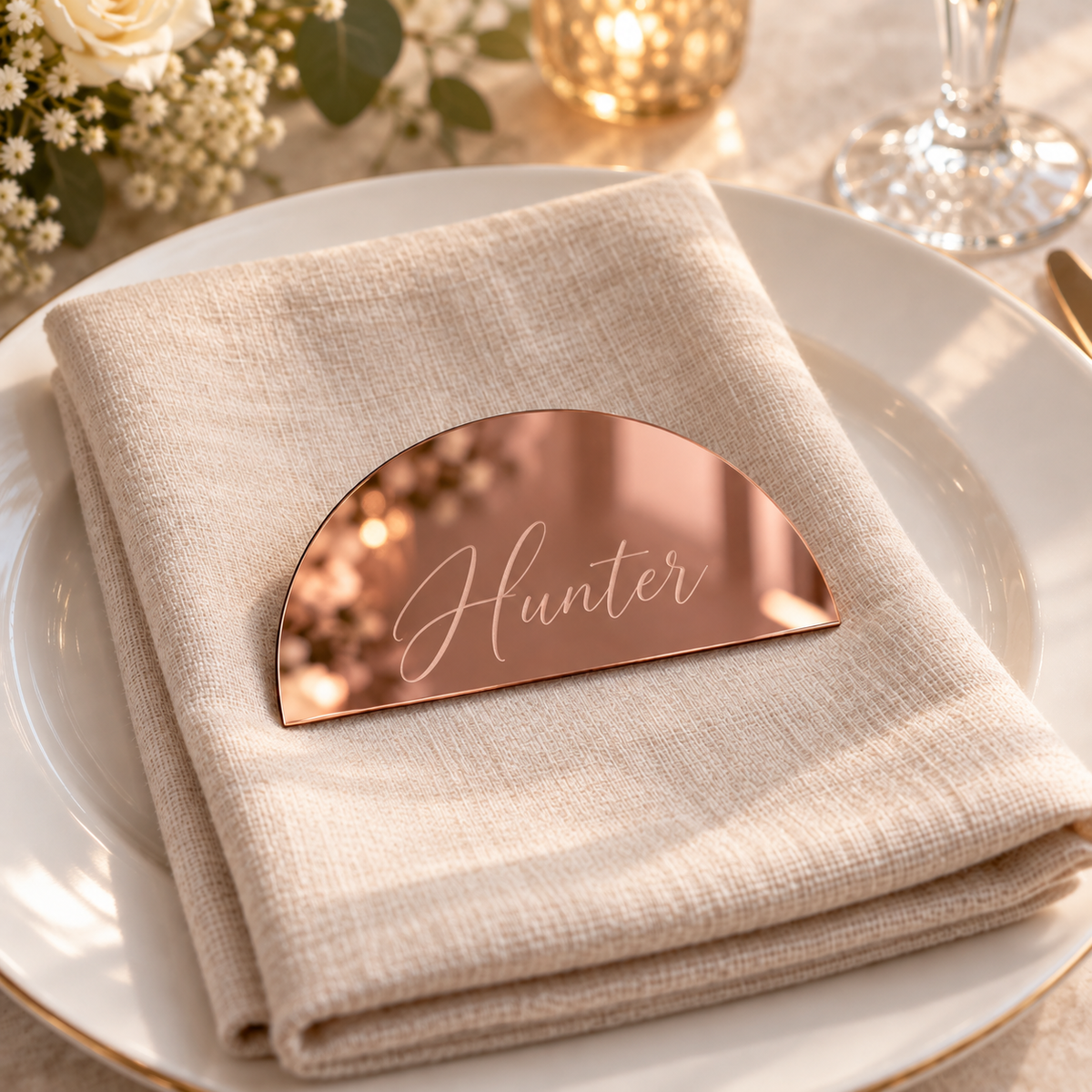 Hunter personalised mirror rose gold half-moon acrylic place name