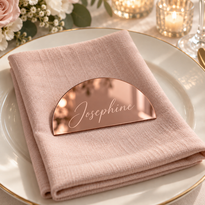 Josephine personalised mirror rose gold half-moon acrylic place name