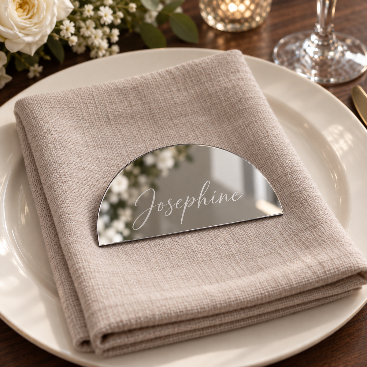 Josephine personalised mirror silver half-moon acrylic place name
