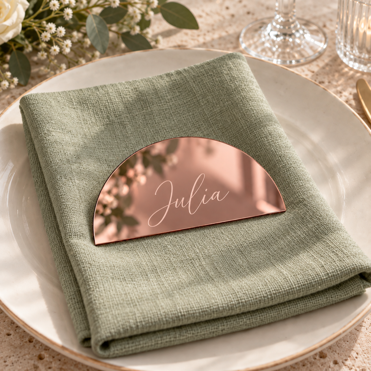Julia personalised mirror rose gold half-moon acrylic place name