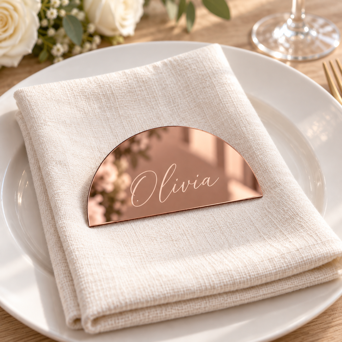 Olivia personalised mirror rose gold half-moon acrylic place name