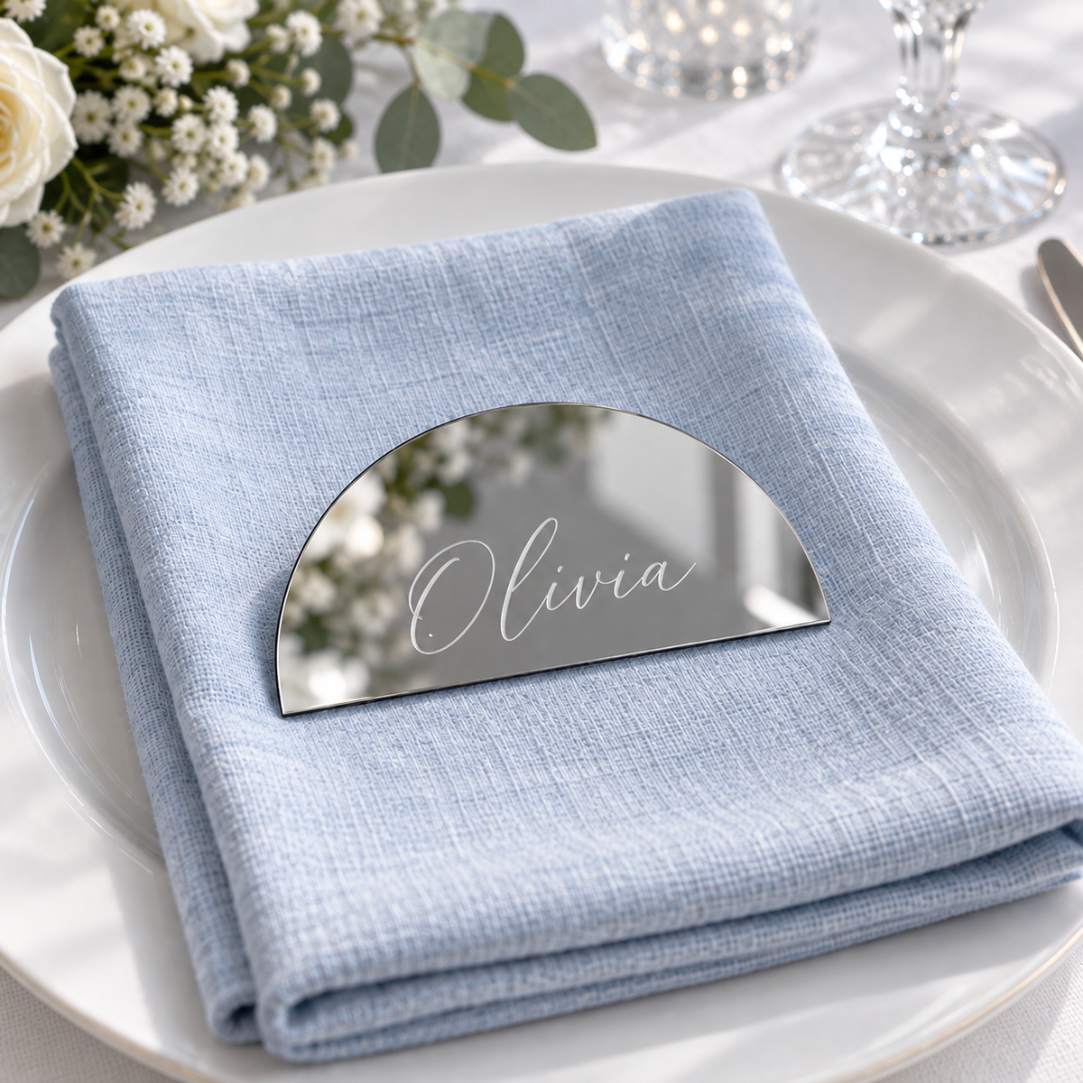 Olivia personalised mirror silver half-moon acrylic place name