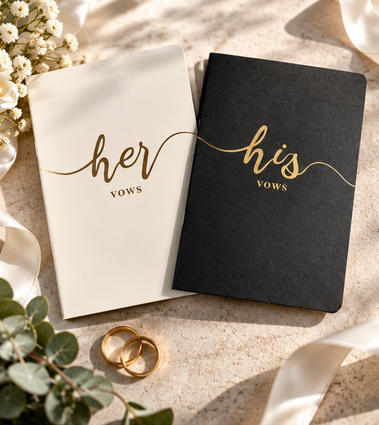 His & Her wedding vow books in black and ivory with gold-coloured lettering