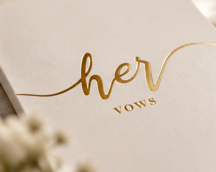 Close-up of ivory Her Vows book cover and gold-coloured lettering