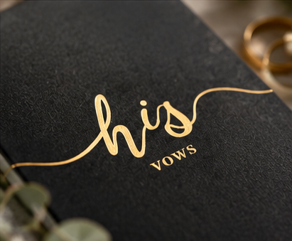 Close-up of black His Vows book cover and gold-coloured lettering