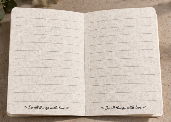 Wedding vow book open to floral lined writing pages