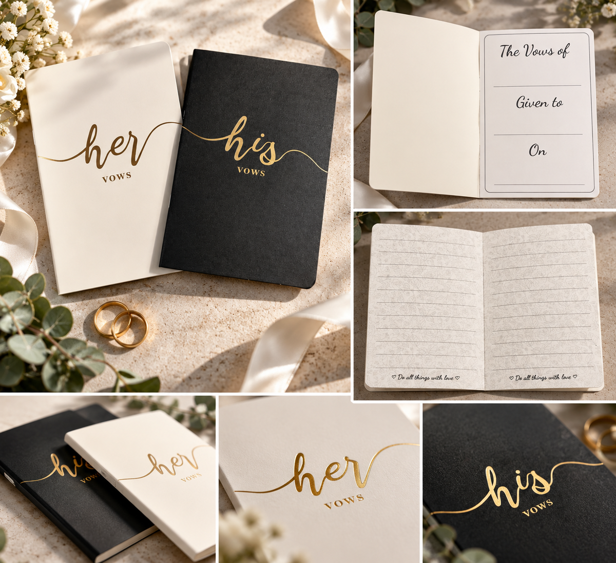 His & Her wedding vow books collage showing black and ivory covers, dedication page and floral lined pages
