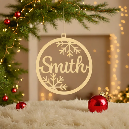 Light-coloured Smith family name bauble with snowflake details