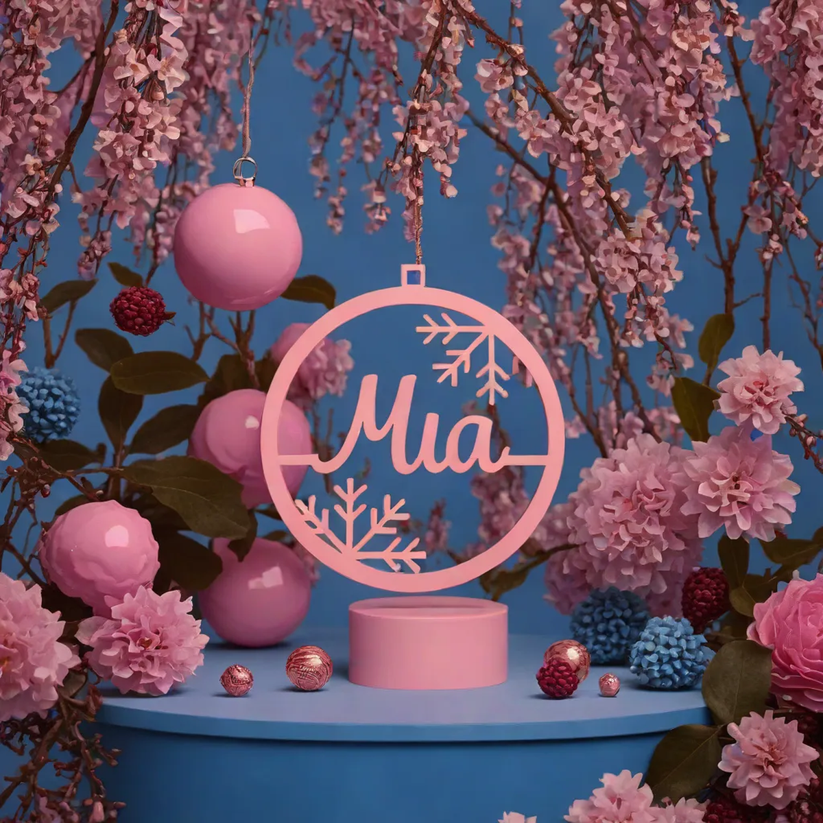 Pink Mia acrylic name bauble in a pink Christmas display
