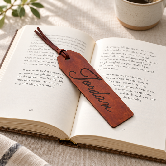 Personalised brown leather Jordan bookmark on an open book with neutral linen