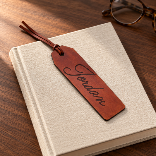 Personalised brown leather Jordan bookmark on a clothbound book and timber desk