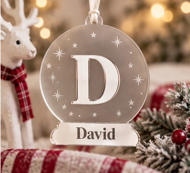 Frosted acrylic Christmas bauble with mirror silver initial and personalised David name