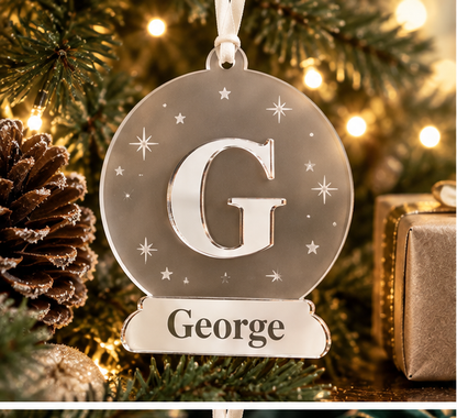 Frosted acrylic Christmas bauble with mirror silver initial and personalised George name
