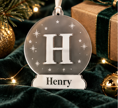 Frosted acrylic Christmas bauble with mirror silver initial and personalised Henry name