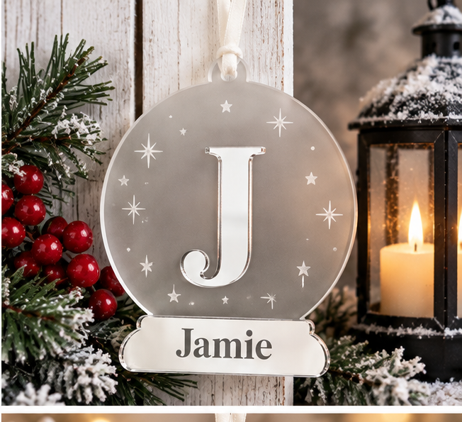 Frosted acrylic Christmas bauble with mirror silver initial and personalised Jamie name
